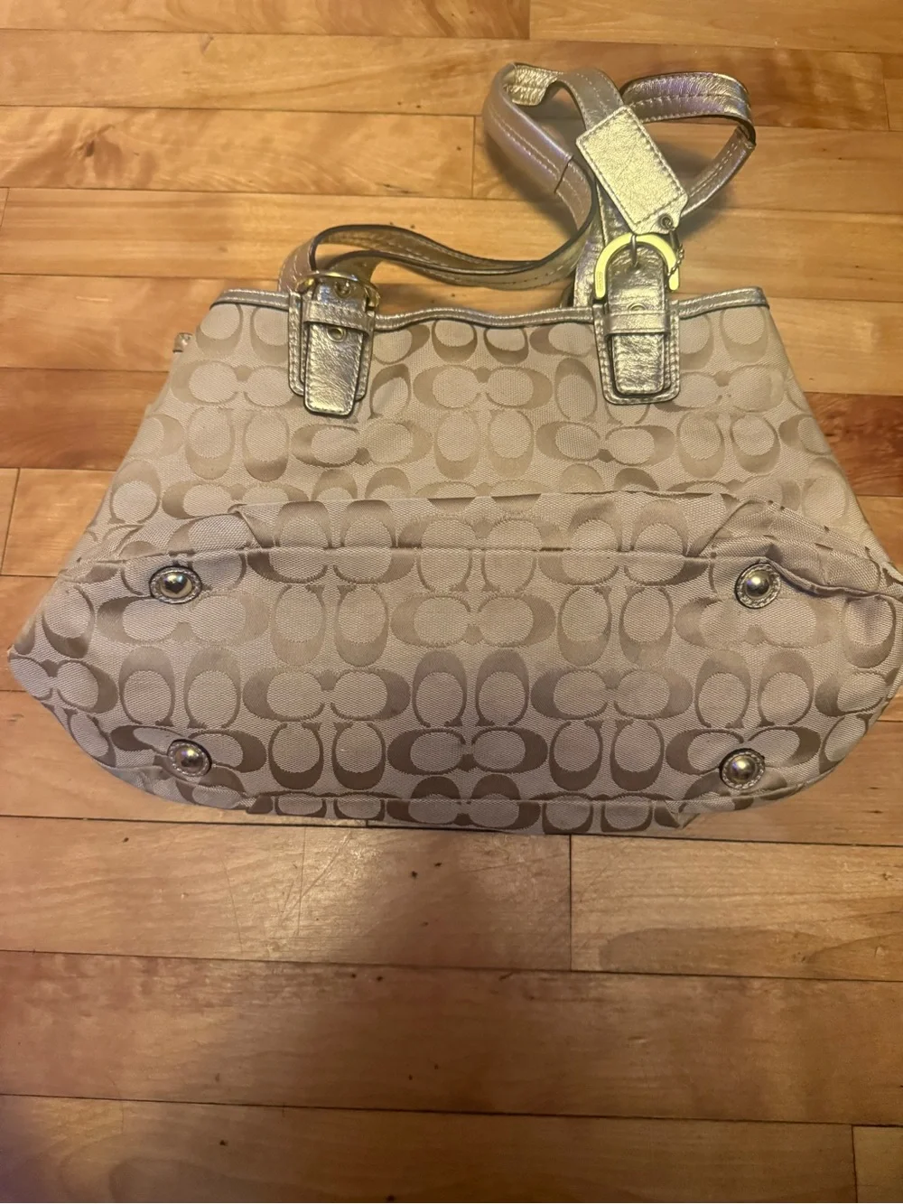 Coach Beige Signature Shoulder Tote with Metallic Gold Trim